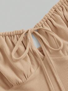 SHEIN MOD Tie Front Ruched Bust Tie Shoulder Cami Dress - Khaki - View 3