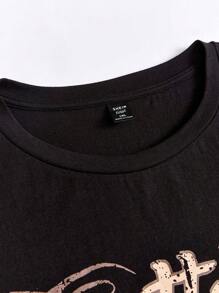 SHEIN EZwear Áo thun họa tiết bướm và chữ cỡ lớn cho mùa hè - màu đen - Xem 3