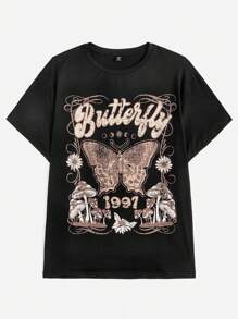 SHEIN EZwear Áo thun họa tiết bướm và chữ cỡ lớn cho mùa hè - màu đen - Xem 4