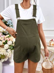 SHEIN 孕婦素色背帶連體短褲不帶T恤 - 軍綠色 - 查看 3