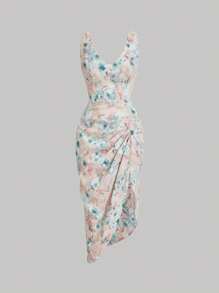 SHEIN MOD Vestido con estampado floral fruncido de muslo con abertura
