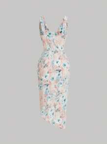 SHEIN MOD Vestido con estampado floral fruncido de muslo con abertura