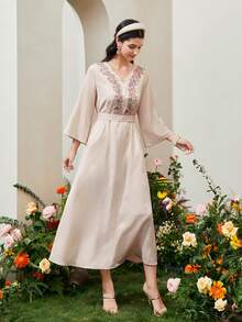 Al Najma Floral Embroidery Flounce Sleeve Dress - Apricot - View 5