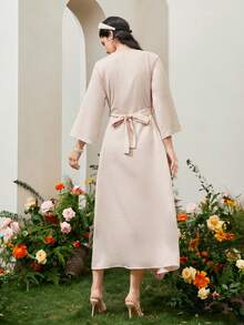 Al Najma Floral Embroidery Flounce Sleeve Dress - Apricot - View 2
