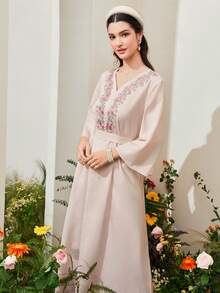Al Najma Floral Embroidery Flounce Sleeve Dress - Apricot - View 3