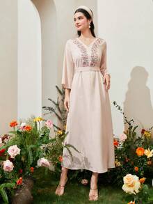 Al Najma Floral Embroidery Flounce Sleeve Dress - Apricot - View 4