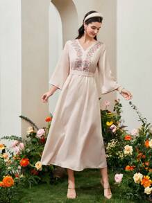 Al Najma Floral Embroidery Flounce Sleeve Dress - Apricot - View 1
