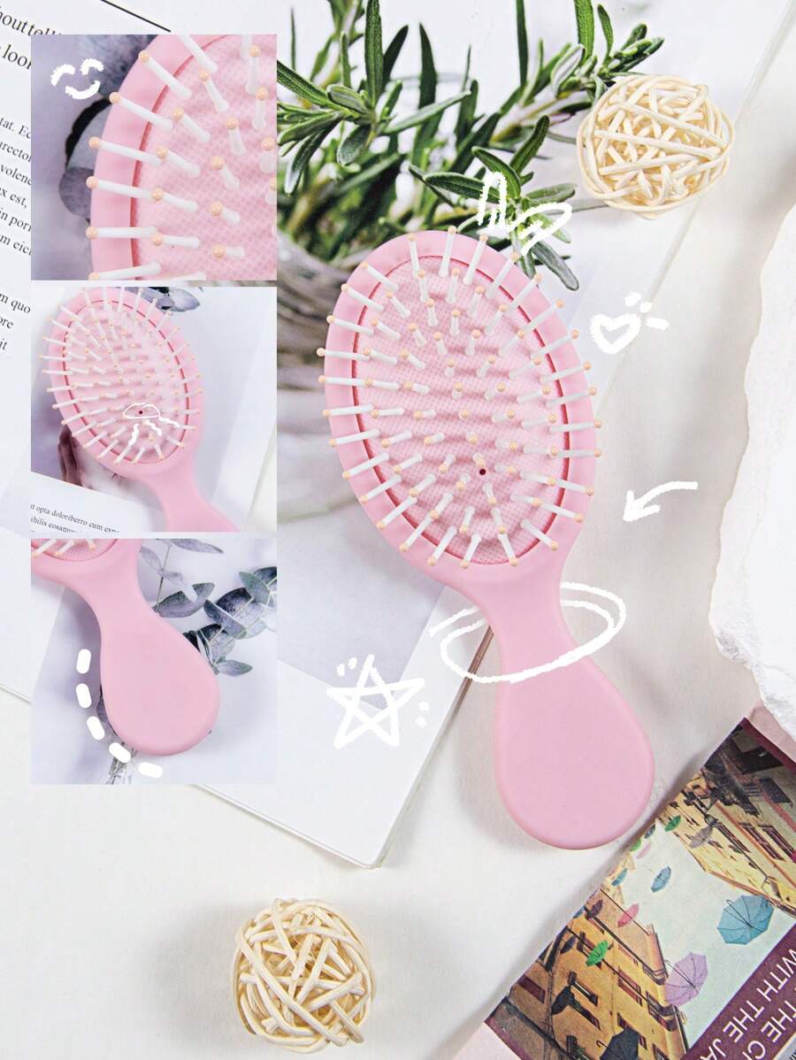 Cushion Hair Brush, 1Pc Plastic Cartoon Cute Daily Mini Fine Teeth Frosted Portable Reusable Durable Detangling Hair Comb,Back To School,Travel Holiday Essentials,Hair Accessories For Women - Pink - View 1
