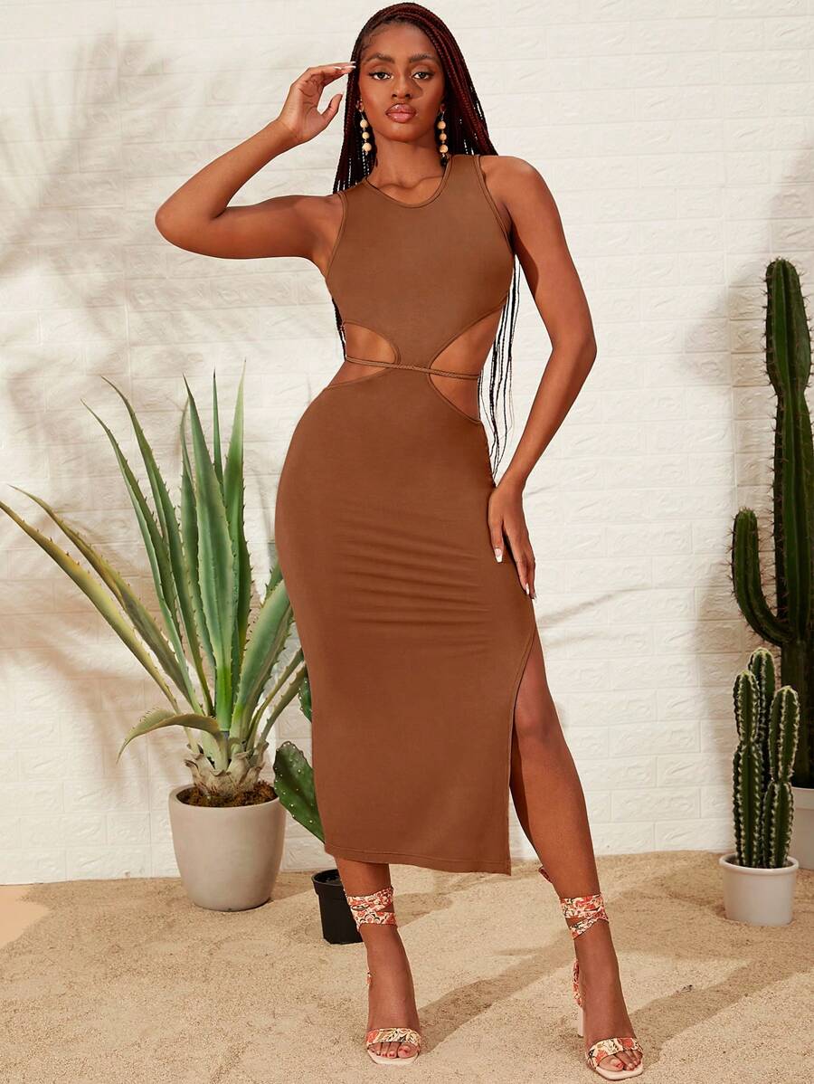 SHEINNeu Đầm Cắt ra Buộc lại Tách cao màu trơn Giải trí - Rỉ Nâu - Xem 1