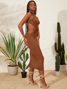 SHEINNeu Đầm Cắt ra Buộc lại Tách cao màu trơn Giải trí - Rỉ Nâu - Xem 3