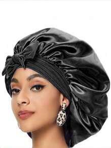 Hair Cap,1Pc Hair Care Sleep Satin Bonnet With Strap Nightcap Hair Care Cap Beauty Salon Hat Chemotherapy Cap Wash Cap - Black - View 1