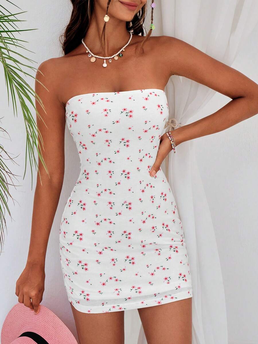 Soleia Ditsy Floral Print Tube Bodycon Dress - White - View 1