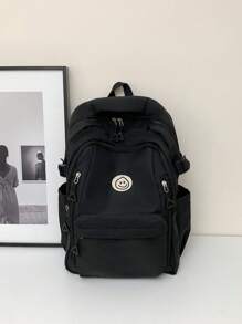 Cartoon Patch Decor Casual Daypack Zipper Black Preppy School Backpack College Bag Back To School Laptop Backpack For School Large Backpack For Travel Commute Lightweight - Black - View 1