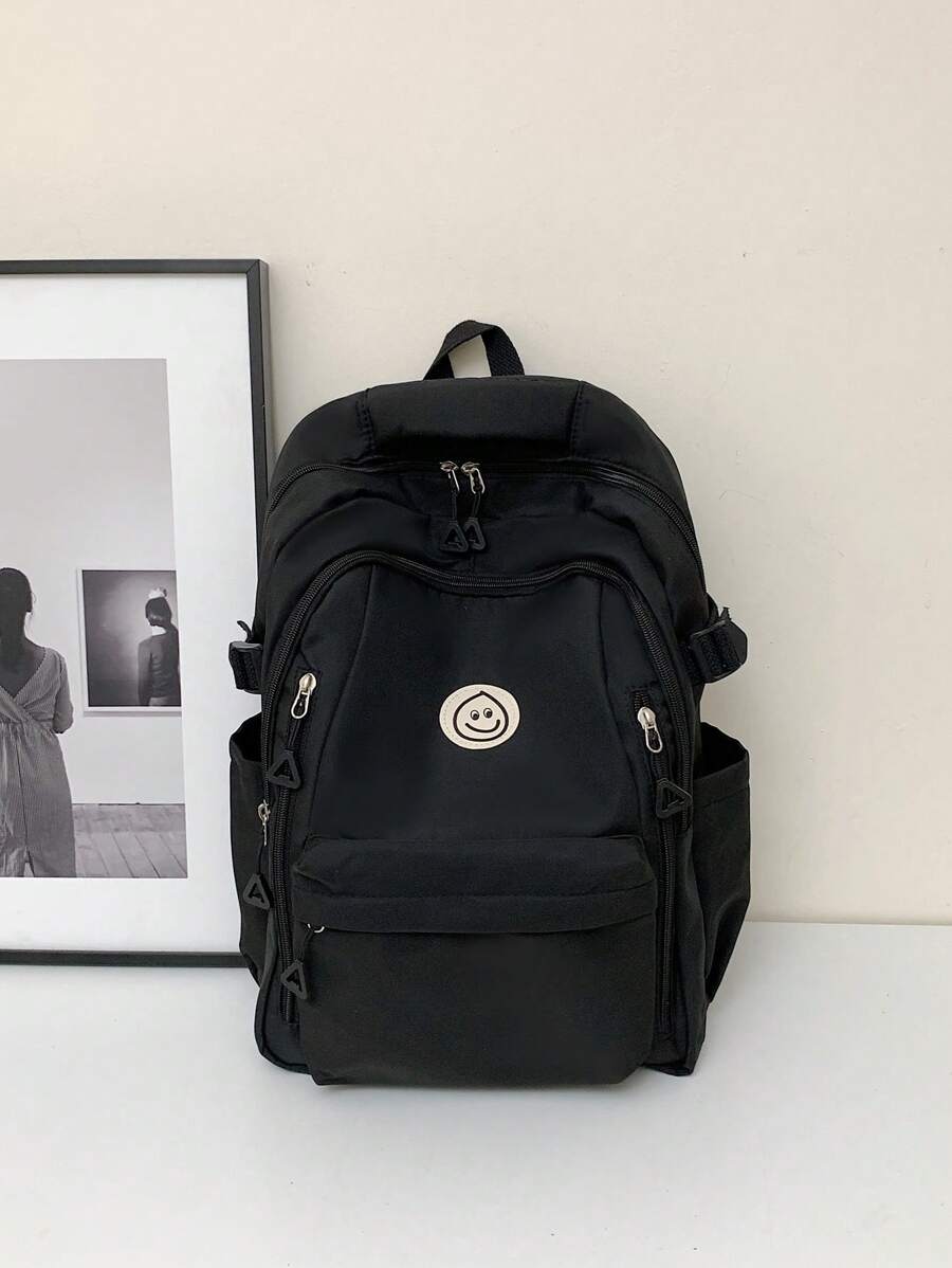 Cartoon Patch Decor Casual Daypack Zipper Black Preppy School Backpack College Bag Back To School Laptop Backpack For School Large Backpack For Travel Commute Lightweight - Black - View 1