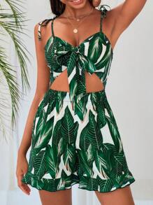 SHEIN VCAY Tropical Print Knot Front Cut Out Tie Shoulder Cami Romper - Multicolor - View 1