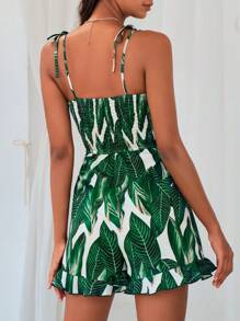 SHEIN VCAY Tropical Print Knot Front Cut Out Tie Shoulder Cami Romper - Multicolor - View 2