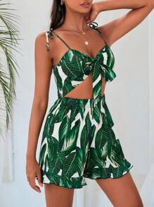 SHEIN VCAY Tropical Print Knot Front Cut Out Tie Shoulder Cami Romper - Multicolor - View 4