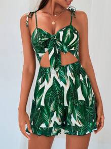 SHEIN VCAY Tropical Print Knot Front Cut Out Tie Shoulder Cami Romper - Multicolor - View 6