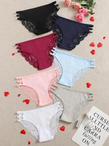 Women's Elegant High Stretch Knitted Fabric Lace Trim Briefs Multi-Color Plain Cut Out Underwear Set - Multicolor - View 1