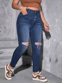 SHEIN ICON Plus High Waist Ripped Skinny Jeans - Dark Wash - View 1
