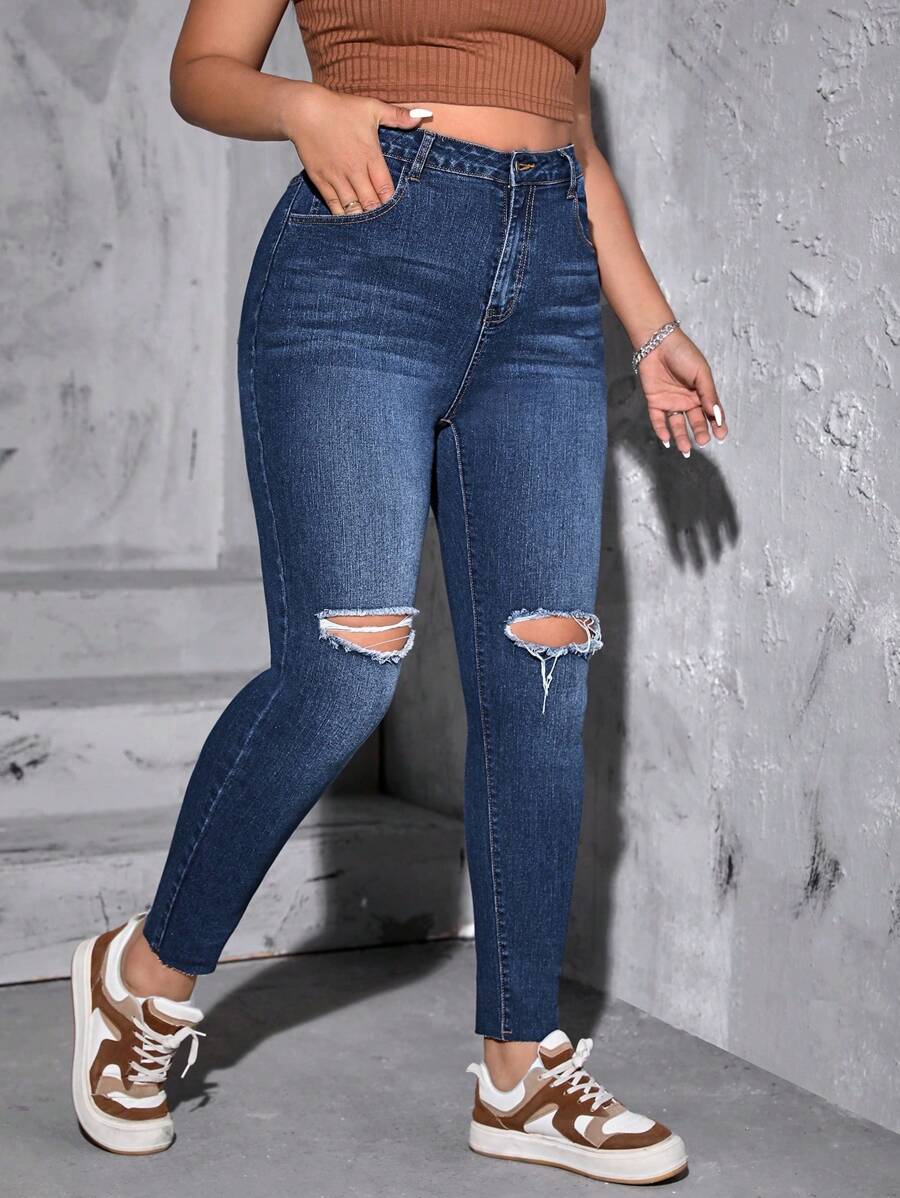 SHEIN ICON Plus High Waist Ripped Skinny Jeans - Dark Wash - View 1