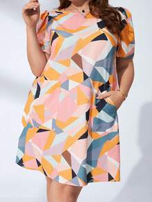 SHEIN LUNE Plus Geo Print Dual Pocket Dress - Multicolor - View 5