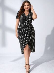 SHEIN Clasi Vestido bajo cruzado con estampado de lunares - Blanco y Negro - Ver 1