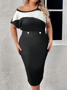 SHEIN Clasi 優雅假紐扣撞色大碼兩件套裝 - 黑與白 - 查看 6