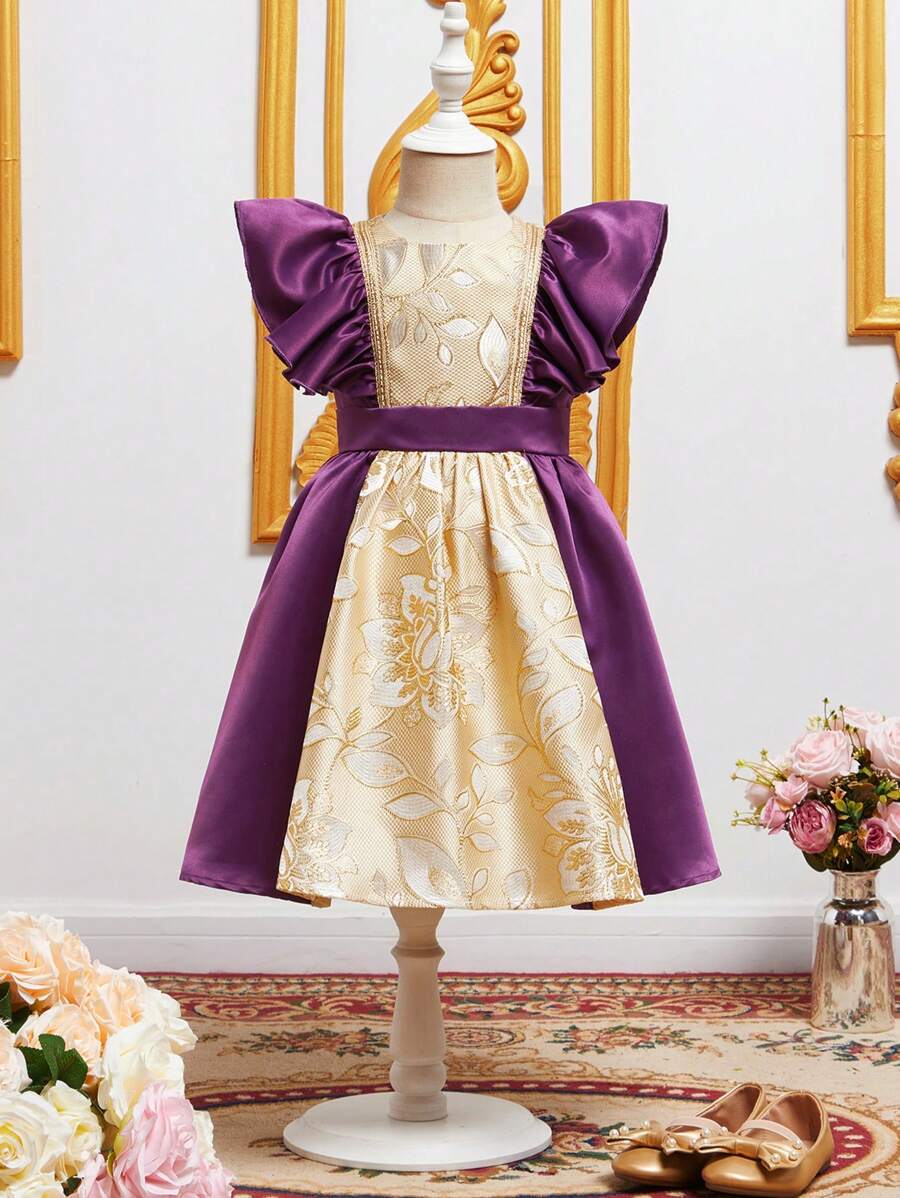 SHEIN Đầm bé gái Xù Dây kéo Khối Màu Hoa Buổi tiệc - Nhiều màu - Xem 1