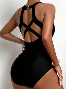 Swim SXY 素色交叉露背連體泳衣 - 黑色 - 查看 1