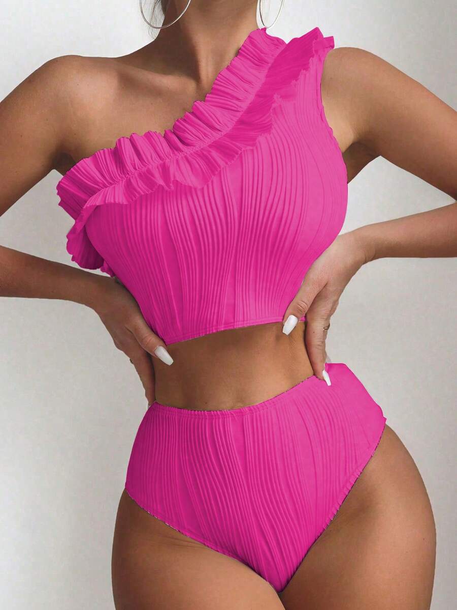 Ruffle Trim One Shoulder Bikini Set Summer Beach - Hot Pink - View 1