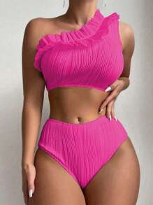 Ruffle Trim One Shoulder Bikini Set Summer Beach - Hot Pink - View 3