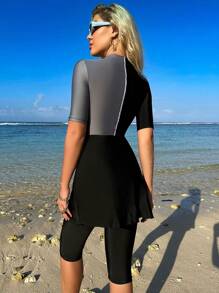 Swim Shayni Traje de baño burkini con dobladillo de volantes en bloques de color, ropa de playa árabe de verano - Negro - Ver 2