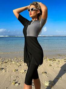 Swim Shayni Traje de baño burkini con dobladillo de volantes en bloques de color, ropa de playa árabe de verano - Negro - Ver 3