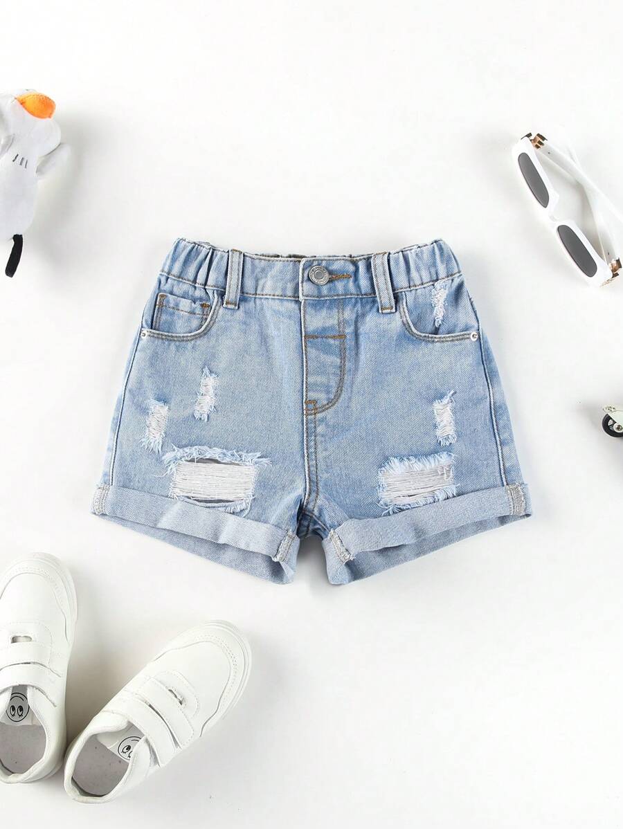 SHEIN 年轻女孩休闲百搭宽腿宽松破洞卷边牛仔短裤 - 淺色水洗藍 - 查看 1