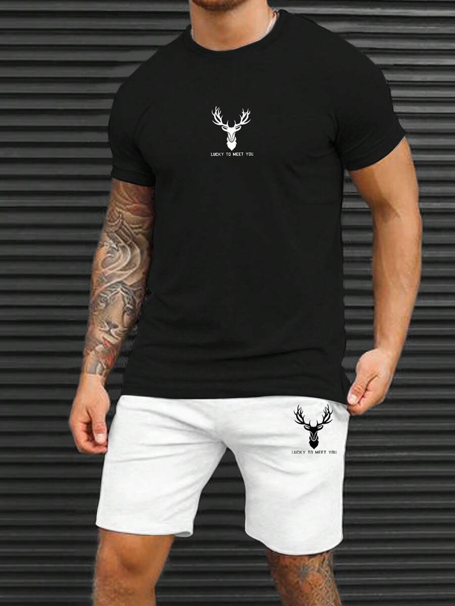 Manfinity Homme Hombres Shorts con camiseta ciervo & con estampado de letra - Blanco y Negro - Ver 1