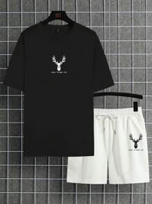 Manfinity Homme Hombres Shorts con camiseta ciervo & con estampado de letra - Blanco y Negro - Ver 2