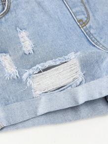 SHEIN 年轻女孩休闲百搭宽腿宽松破洞卷边牛仔短裤 - 淺色水洗藍 - 查看 4