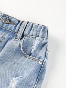 SHEIN 年轻女孩休闲百搭宽腿宽松破洞卷边牛仔短裤 - 淺色水洗藍 - 查看 8