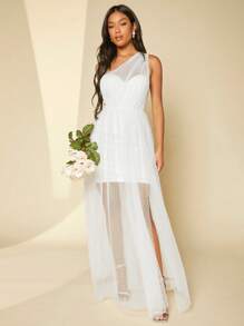 SHEIN Belle One Shoulder Split Thigh Dobby Mesh Wedding Dress - White - View 3