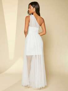 SHEIN Belle One Shoulder Split Thigh Dobby Mesh Wedding Dress - White - View 2