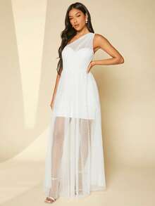 SHEIN Belle One Shoulder Split Thigh Dobby Mesh Wedding Dress - White - View 6