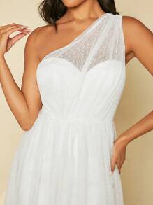 SHEIN Belle One Shoulder Split Thigh Dobby Mesh Wedding Dress - White - View 7