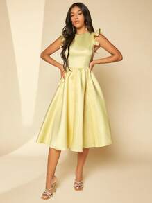 SHEIN Belle Solid Ruffle Trim Satin Bridesmaid Dress - Yellow - View 3