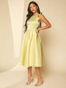 SHEIN Belle Solid Ruffle Trim Satin Bridesmaid Dress - Yellow - View 5