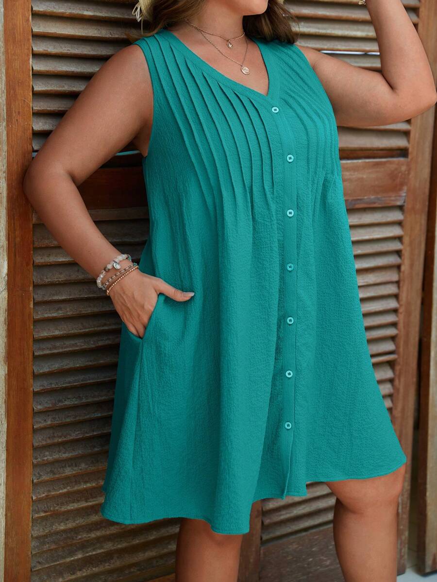 SHEIN LUNE 大碼素色前紐扣褶皺細節洋裝 - 青碧色 - 查看 1