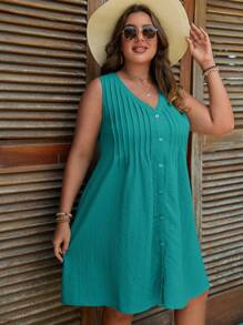 SHEIN LUNE 大碼素色前紐扣褶皺細節洋裝 - 青碧色 - 查看 5