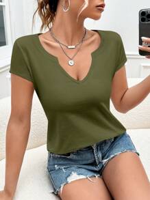 SHEIN Essnce Solid Notched Neck Tee - Army Green - View 3