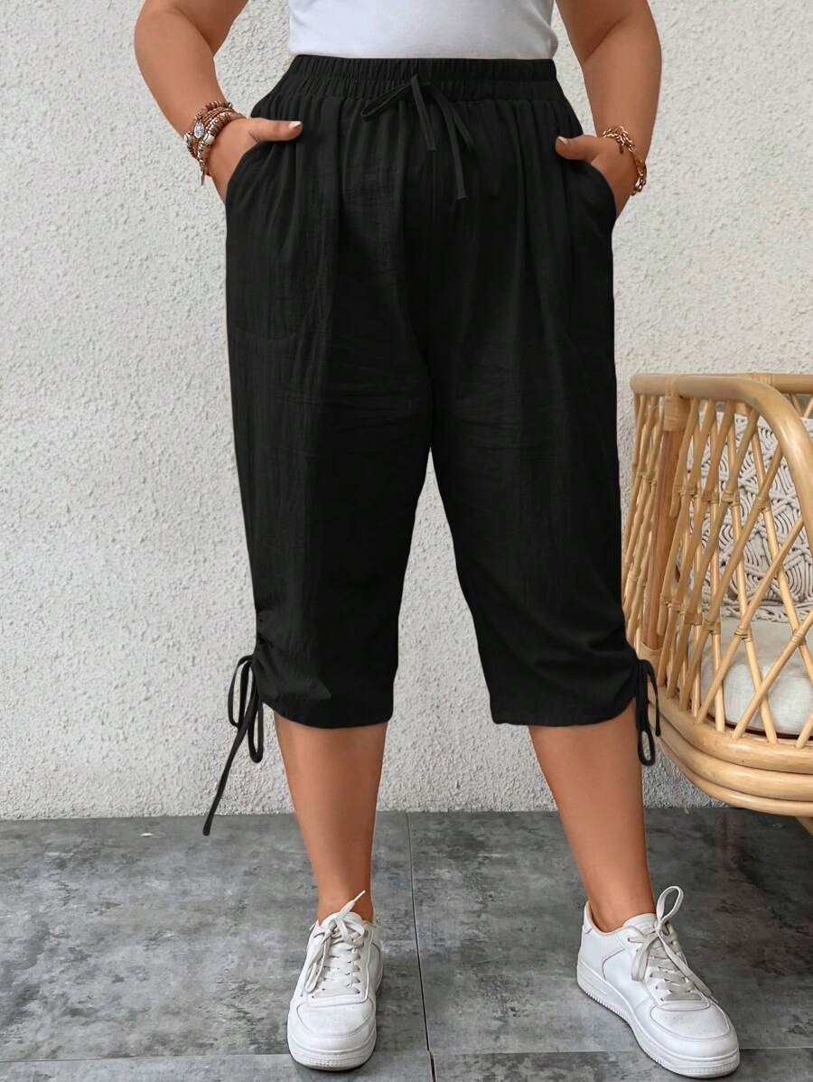 EMERY ROSE Quần Plus Size Dây kéo Thắt nút Túi màu trơn Giải trí - màu đen - Xem 1