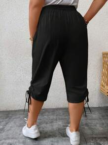 EMERY ROSE Quần Plus Size Dây kéo Thắt nút Túi màu trơn Giải trí - màu đen - Xem 2